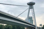 Cruising under the UFO Bridge in Bratislava